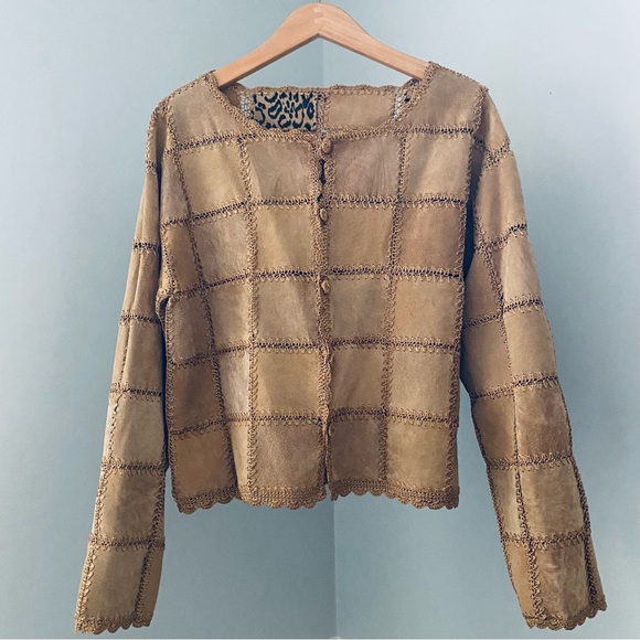 Vtg Boho Leather Shacket Jacket Crochet Patchwork Scalloped Hem Tan Leopard Sz M - Picture 4 of 13